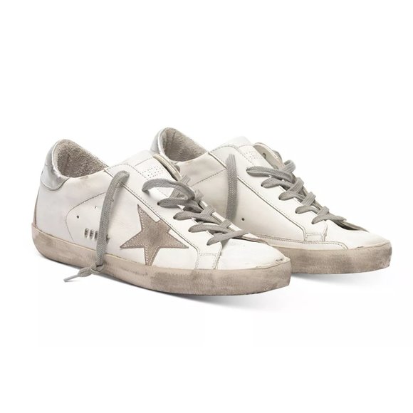 Golden Goose Shoes - Golden Goose Super-Star Low Top Lace-up Sneakers Suede Metallic Overlay Detail
